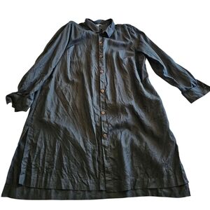 GO Silk 100% Linen Black Relaxed Luxury Pockets Cardigan Midi Shirt Dress Sz 2X
